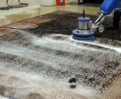 Professional rug cleaning with a rotary floor machine and shampoo foam, deep-cleaning an area rug, in Jackson, MS.